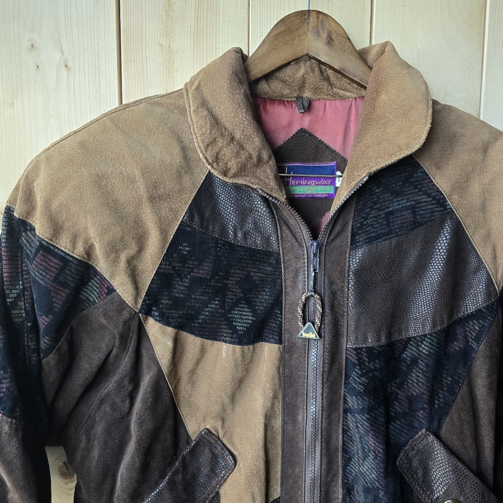 Vintage Hemingway Collection Suede Patchwork Bomber Jacket Womens Size 10 - Picture 6 of 13